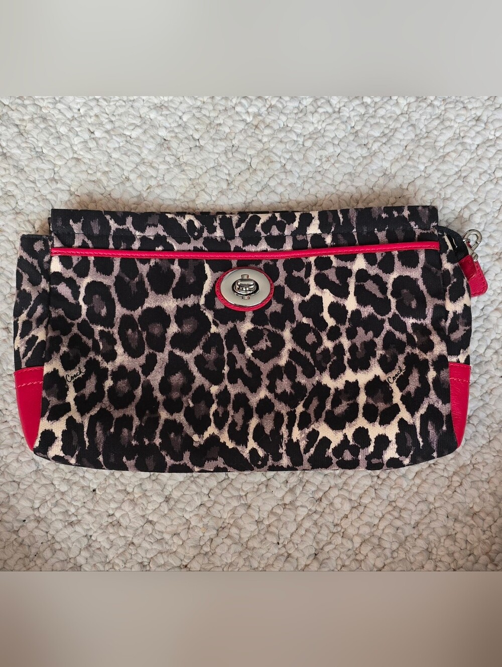 Coach Leopard Ocelot Print Clutch Wristlet with Red Leather Trim